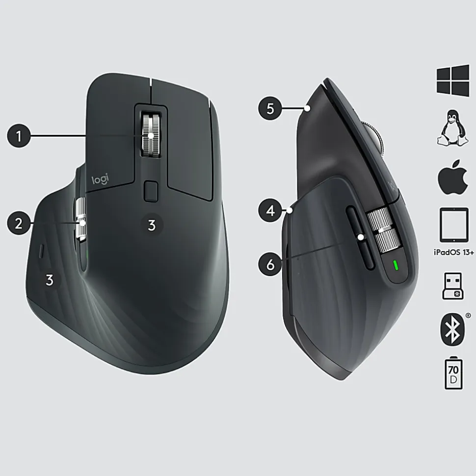Logitech MX Master 3 Advanced Wireless Mouse, Ultrafast Scrolling, Use on Any Surface, Ergonomic, 4000 DPI, USB-C, Black