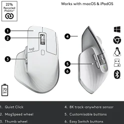 Logitech MX Master 3S - Wireless Performance Mouse with Ultra-fast Scrolling - Pale Gray - Ergo - 8K DPI - Track on Glass - Quiet Clicks