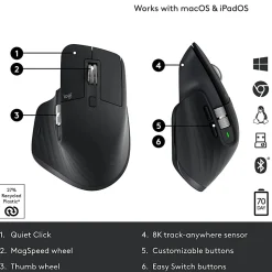 Logitech MX Master 3S - Wireless Performance Mouse with Ultra-fast Scrolling - Black - Ergo - 8K DPI - Track on Glass - Quiet Clicks