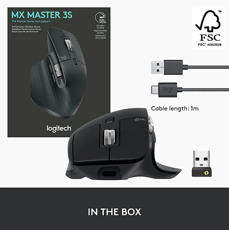 Logitech MX Master 3S - Wireless Performance Mouse with Ultra-fast Scrolling - Black - Ergo - 8K DPI - Track on Glass - Quiet Clicks