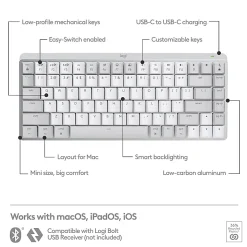 Logitech MX Mechanical Mini for Mac Wireless Illuminated Keyboard, Low-Profile Switches, Tactile Quiet Keys, Pale Gray - 920010553