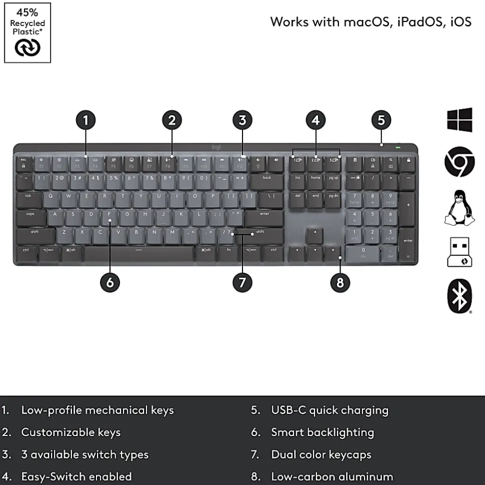 Logitech® MX Mechanical Wireless Illuminated Performance Keyboard, Graphite, 920-010547
