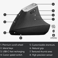 Logitech MX Vertical Advanced Ergonomic Wireless Mouse, Control and Move Content Between 3 Windows and Apple Computers, Graphite - 910-005447