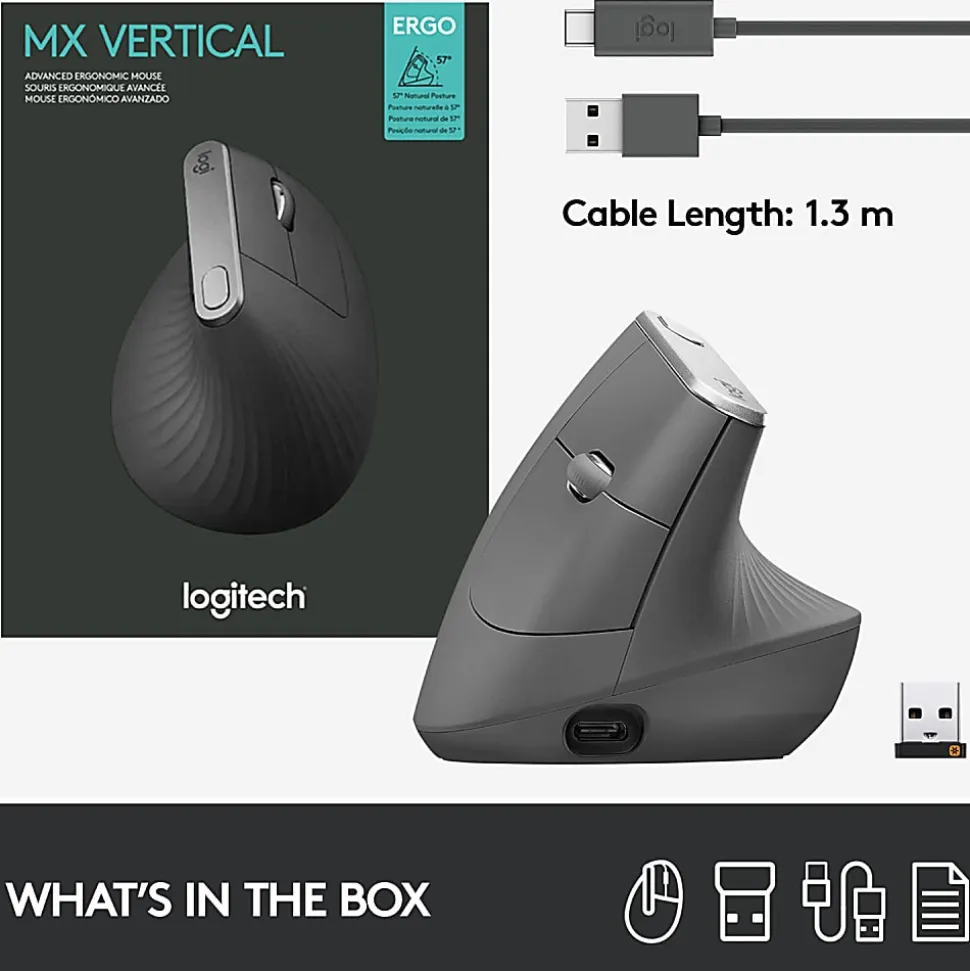 Logitech MX Vertical Advanced Ergonomic Wireless Mouse, Control and Move Content Between 3 Windows and Apple Computers, Graphite - 910-005447