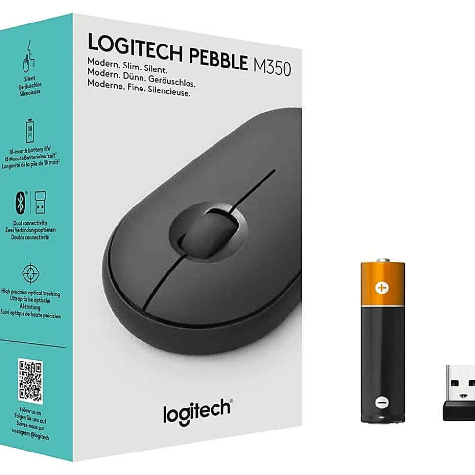 Logitech Pebble M350 Wireless Mouse with Bluetooth or 2.4 GHz Receiver, Silent, Slim Computer Mouse with Quiet Click, Graphite