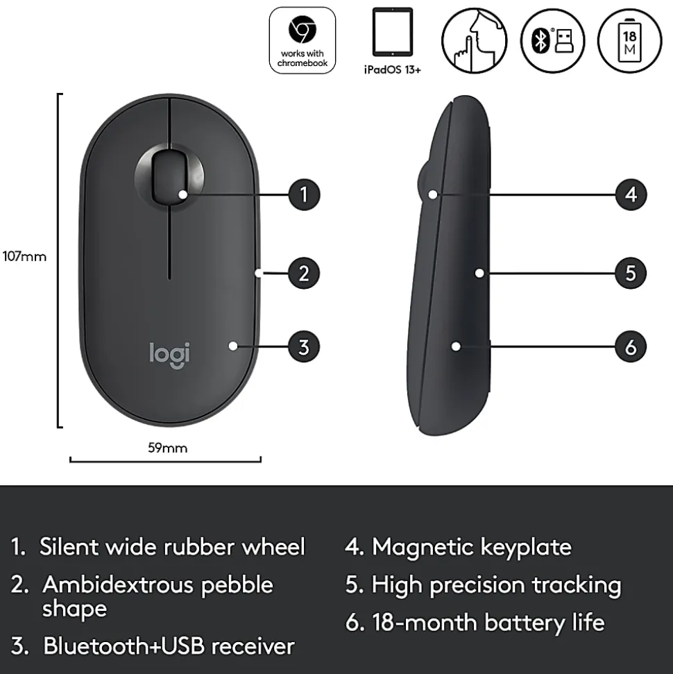 Logitech Pebble M350 Wireless Mouse with Bluetooth or 2.4 GHz Receiver, Silent, Slim Computer Mouse with Quiet Click, Graphite