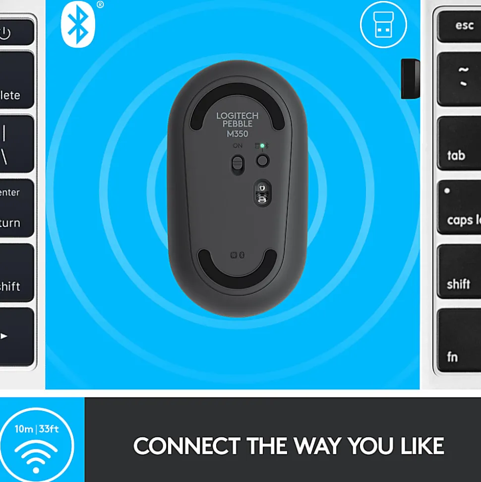 Logitech Pebble M350 Wireless Mouse with Bluetooth or 2.4 GHz Receiver, Silent, Slim Computer Mouse with Quiet Click, Graphite