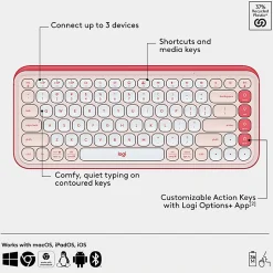 Logitech POP ICON COMBO, Bluetooth keyboard and mouse combo, comfortable typing, programmable keys and buttons, Rose