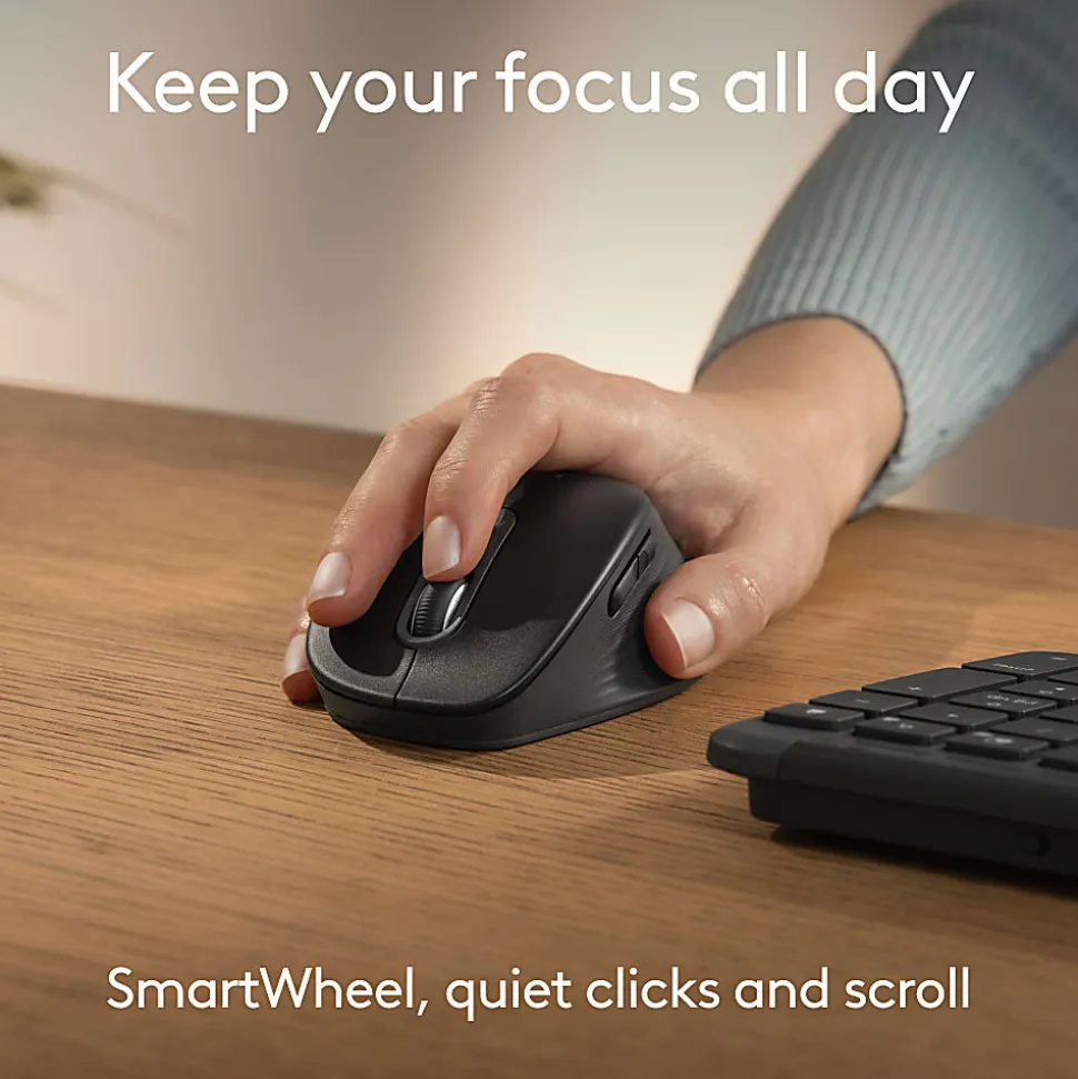 Logitech Signature Comfort M840 L Wireless Mouse, Bluetooth Mouse with Silent Clicks, SmartWheel, Customizable Buttons, Multi-Device, Black