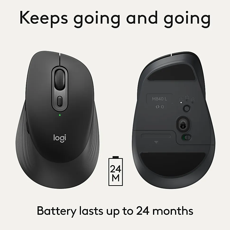 Logitech Signature Comfort M840 L Wireless Mouse, Bluetooth Mouse with Silent Clicks, SmartWheel, Customizable Buttons, Multi-Device, Black