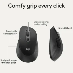 Logitech Signature Comfort M840 L Wireless Mouse, Bluetooth Mouse with Silent Clicks, SmartWheel, Customizable Buttons, Multi-Device, Black