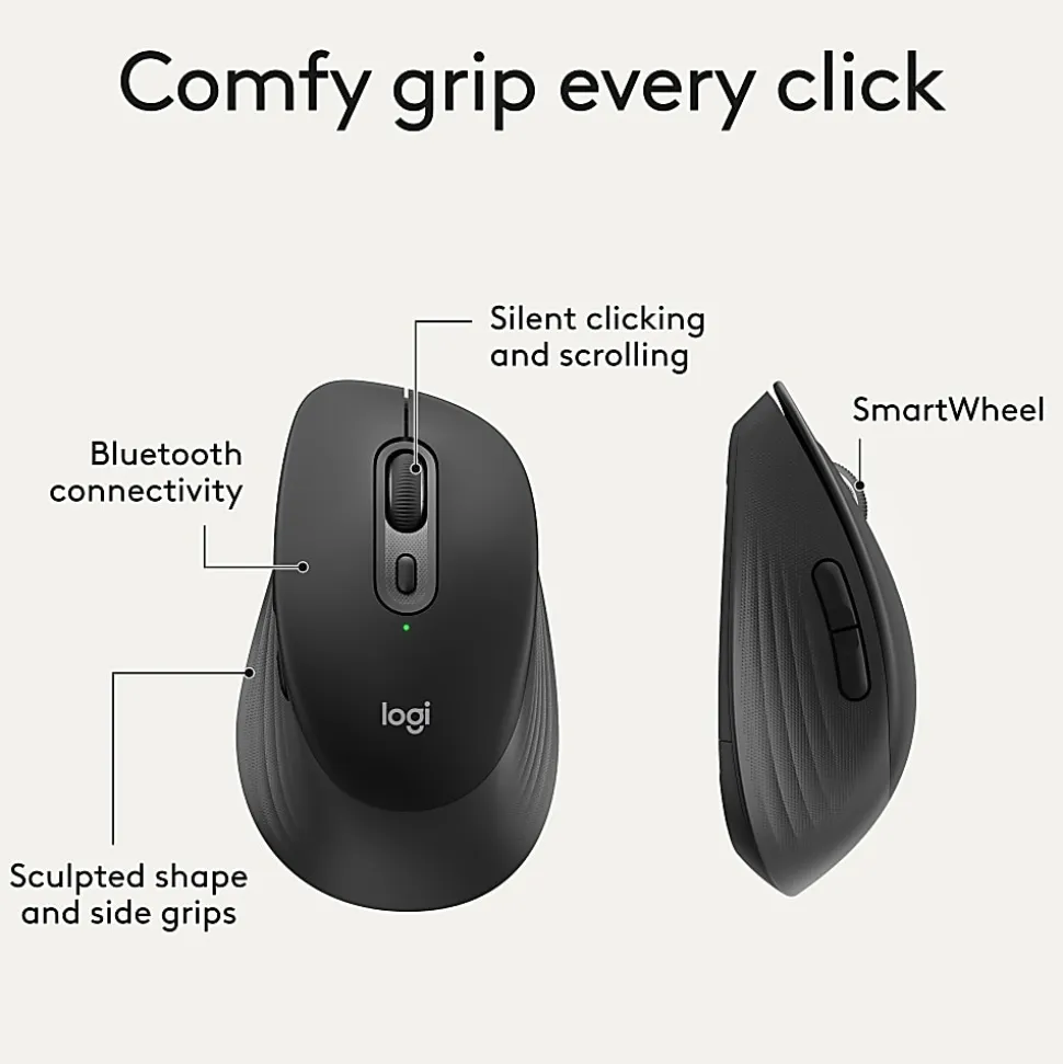 Logitech Signature Comfort M840 L Wireless Mouse, Bluetooth Mouse with Silent Clicks, SmartWheel, Customizable Buttons, Multi-Device, Black