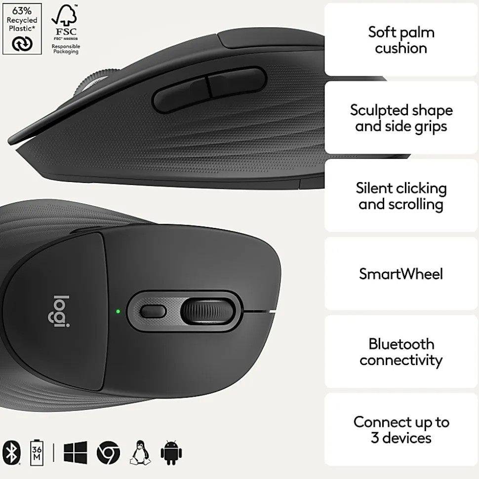 Logitech Signature Comfort Plus M850 L Wireless Mouse, With Palm Cushion, For Windows, Mac, iPad, Black, 910007711