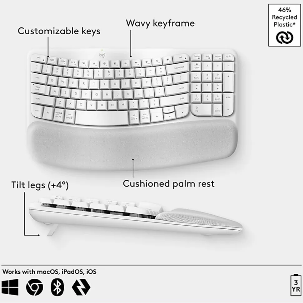 Logitech Wave Keys Keyboard - Wireless Connectivity - Bluetooth - 32.81 ft - USB Interface