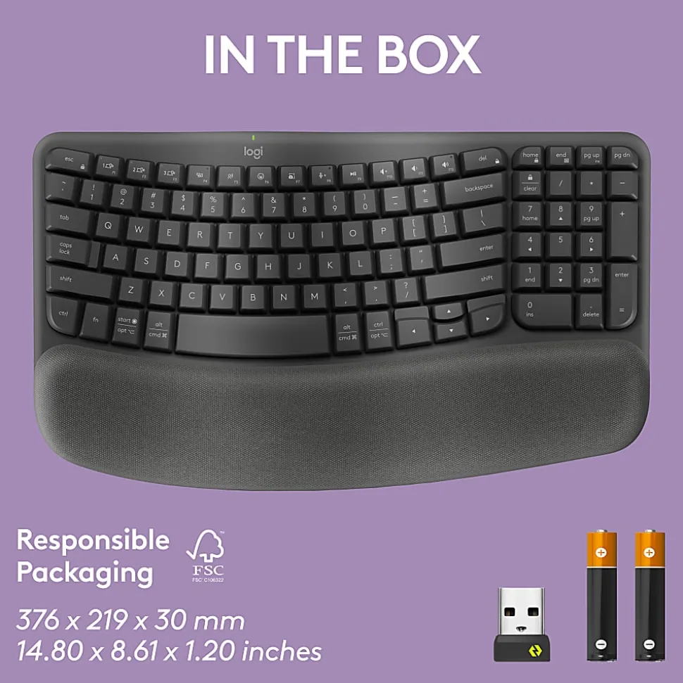 Logitech® Wave Keys Wireless Ergonomic Keyboard With Cushioned Palm Rest, 61% Recycled, Graphite, 920-011898