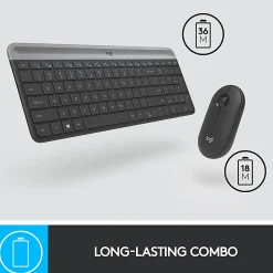 Logitech® Wireless Keyboard & Mouse, Straight Full Size Keyboard, Graphite, Ambidextrous Optical Mouse, MK470 Slim