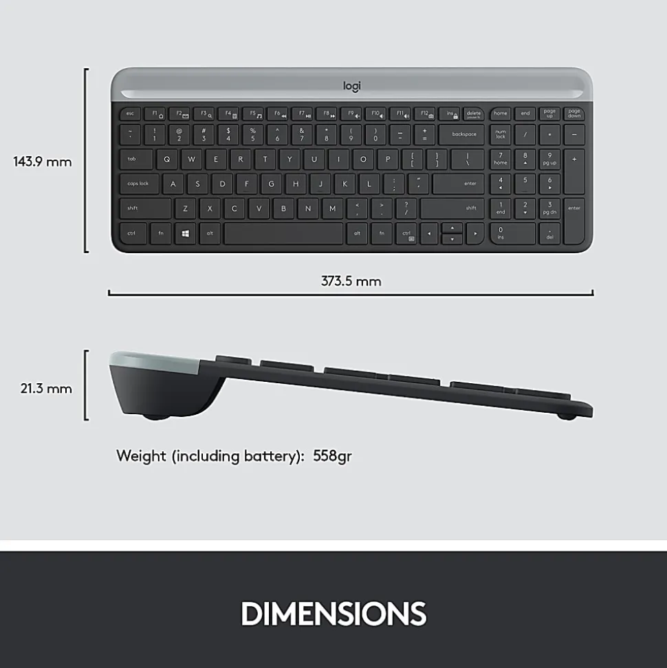 Logitech® Wireless Keyboard & Mouse, Straight Full Size Keyboard, Graphite, Ambidextrous Optical Mouse, MK470 Slim