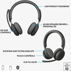 Logitech Zone 950 Premium Noise Canceling AI-Powered Headset Hybrid ANC and Bluetooth, Graphite, HL8183