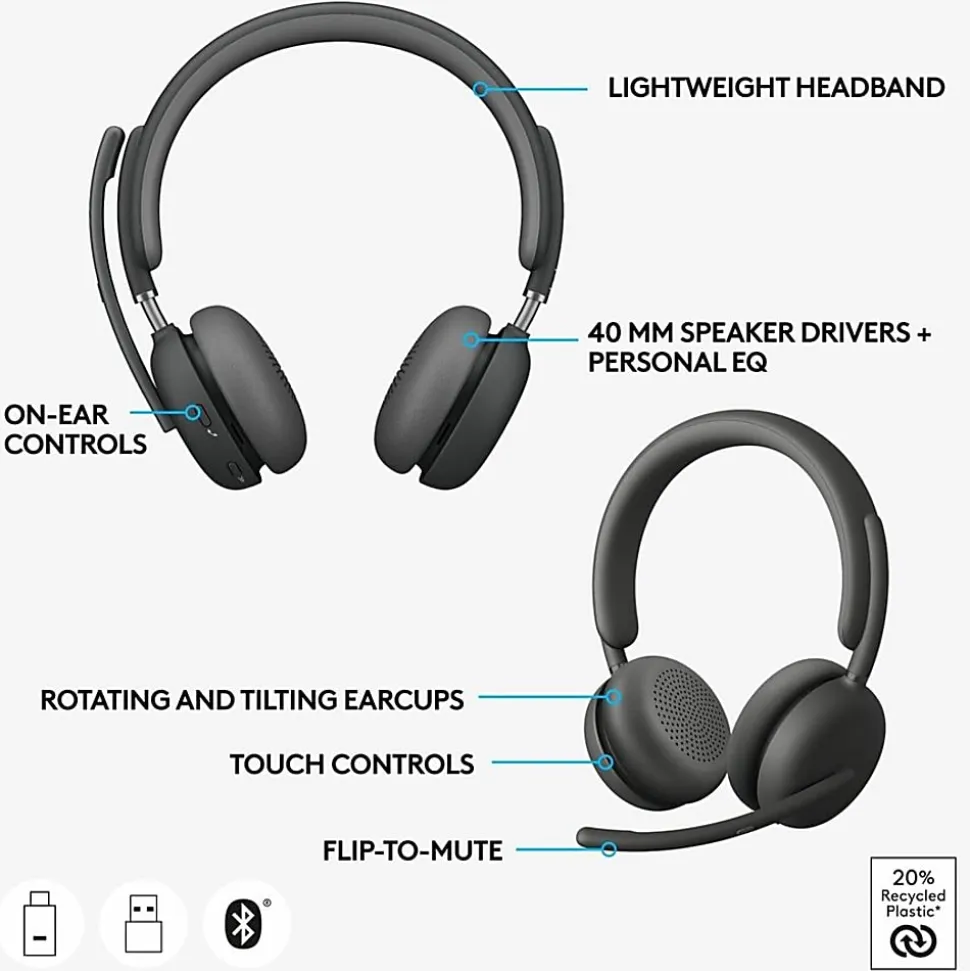 Logitech Zone 950 Premium Noise Canceling AI-Powered Headset Hybrid ANC and Bluetooth, Graphite, HL8183