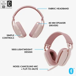 Logitech Zone Vibe 100 Wireless Over Ear Headphones, Noise Canceling Microphone - Rose - 981-001258