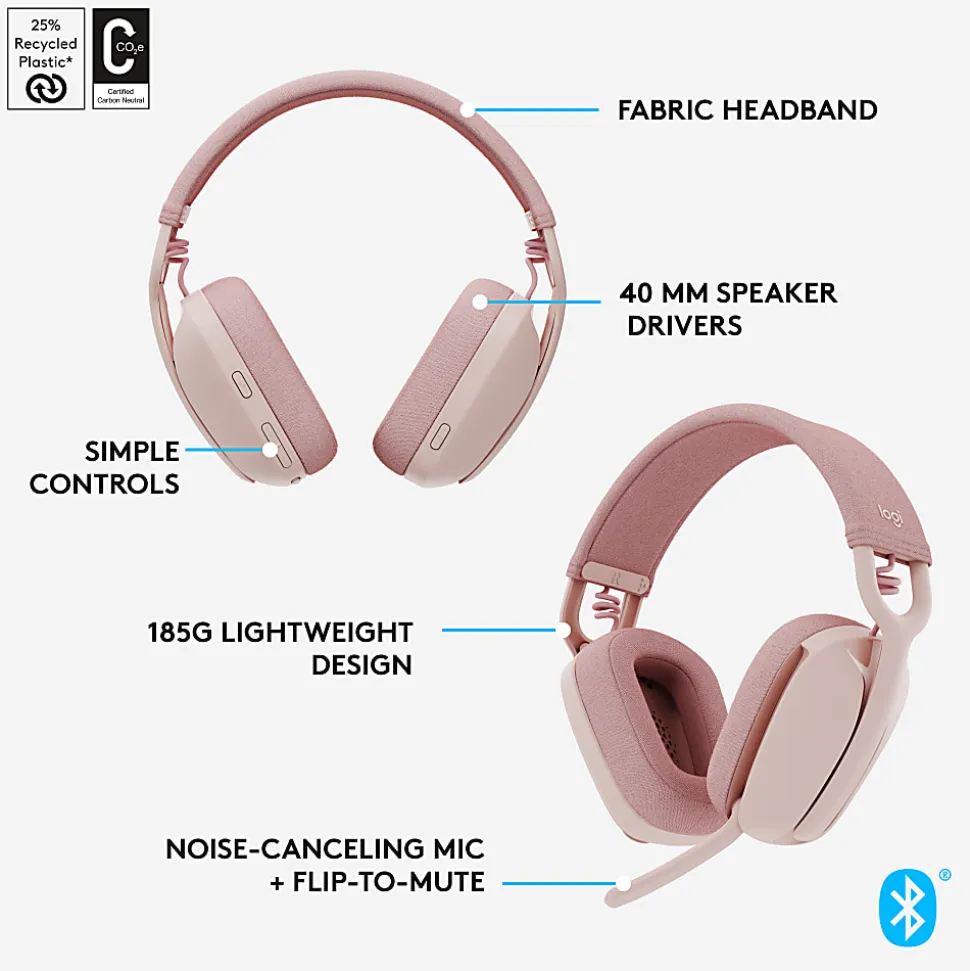 Logitech Zone Vibe 100 Wireless Over Ear Headphones, Noise Canceling Microphone - Rose - 981-001258