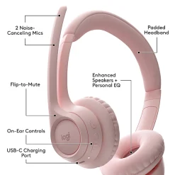 Logitech Zone 300 Wireless Bluetooth Headset With Noise-Canceling Microphone, Compatible with Windows, Mac, Chrome, Linux, iOS, iPadOS, Android – Rose