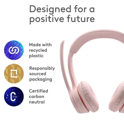 Logitech Zone 300 Wireless Bluetooth Headset With Noise-Canceling Microphone, Compatible with Windows, Mac, Chrome, Linux, iOS, iPadOS, Android – Rose