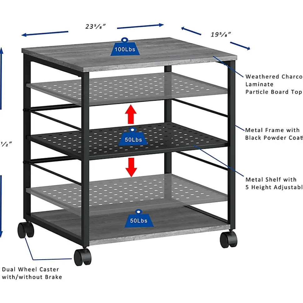 Lorell Deskside Mobile Machine Stand - 200 lb Load Capacity - 26.50"x23.60"x 19.60" Depth - Desk - Powder Coated - 60263