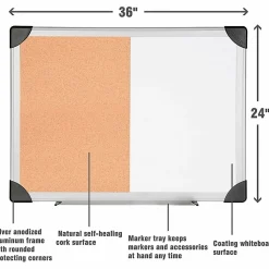 LorellĀ® Dry-Erase Cork Combo Board, 36" x 24", Aluminum Frame With Silver Finish