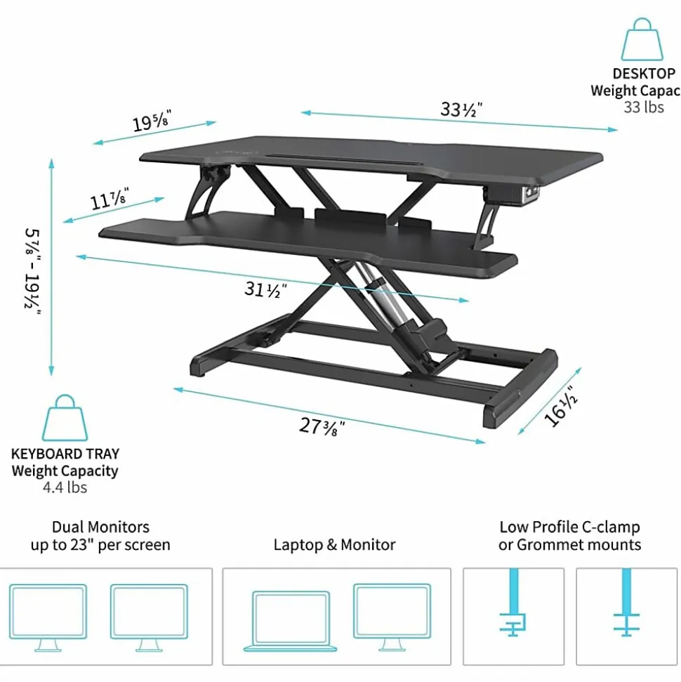 Lorell® Electric Monitor Desk Riser With Wireless Charging Pad, 20"H x 33-1/2"W x 19-1/3"D, Black