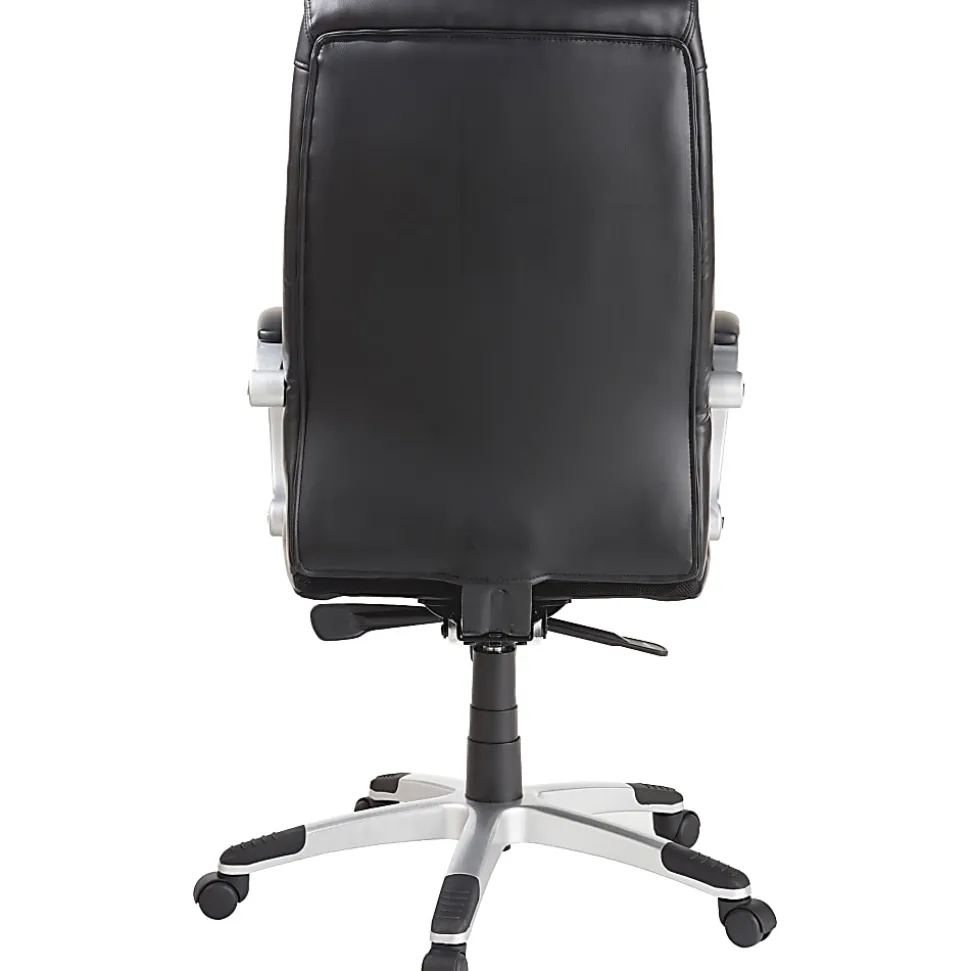 Lorell® Ergonomic Bonded Leather High-Back Chair With Flex Arms, Black/Silver