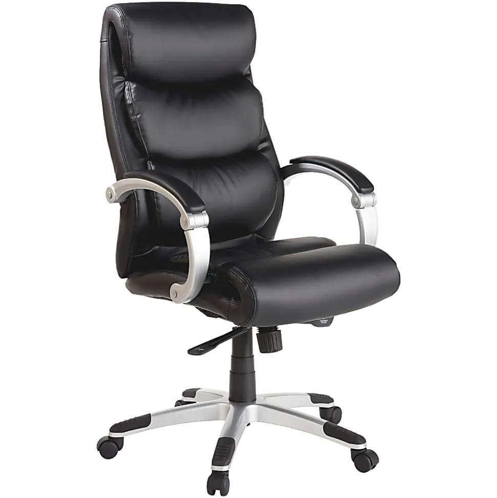 Lorell® Ergonomic Bonded Leather High-Back Chair With Flex Arms, Black/Silver