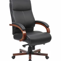Lorell® Executive Ergonomic Bonded Leather/Wood Chair, Black/Cherry