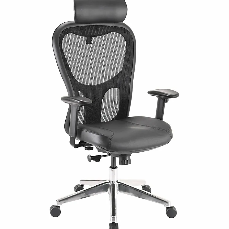 Lorell® Executive Ergonomic Bonded Leather/Mesh High-Back Chair, With Headrest, Black