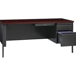Lorell® Fortress Series Steel Right-Handed Pedestal Writing Desk, 66"W, Charcoal/Mahogany