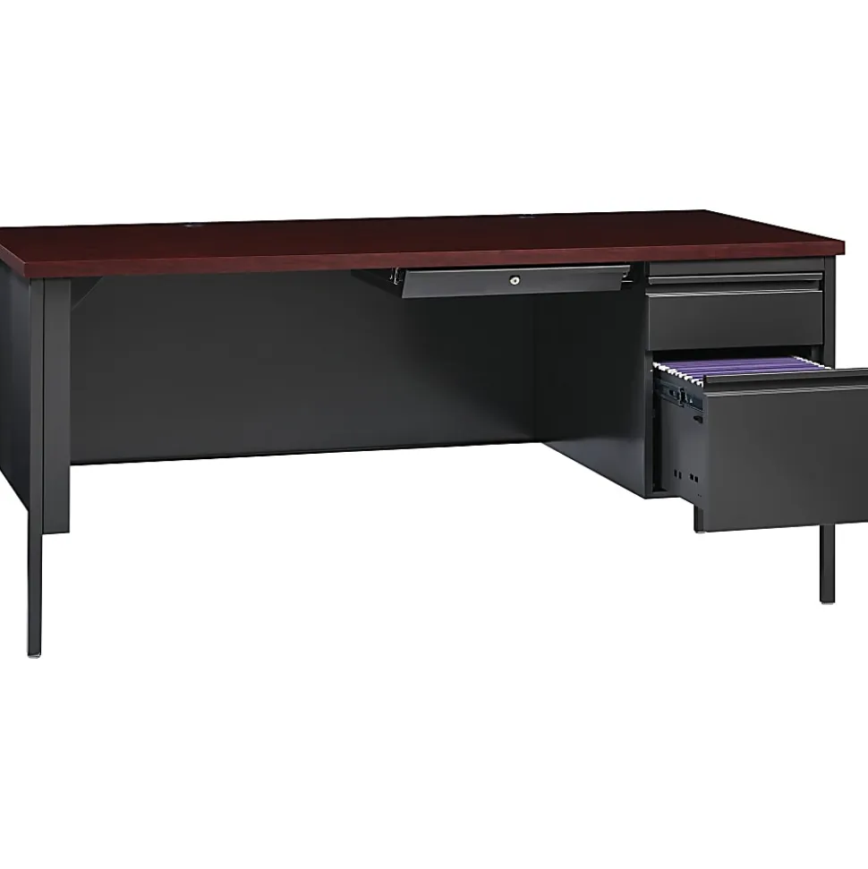 Lorell® Fortress Series Steel Right-Handed Pedestal Writing Desk, 66"W, Charcoal/Mahogany