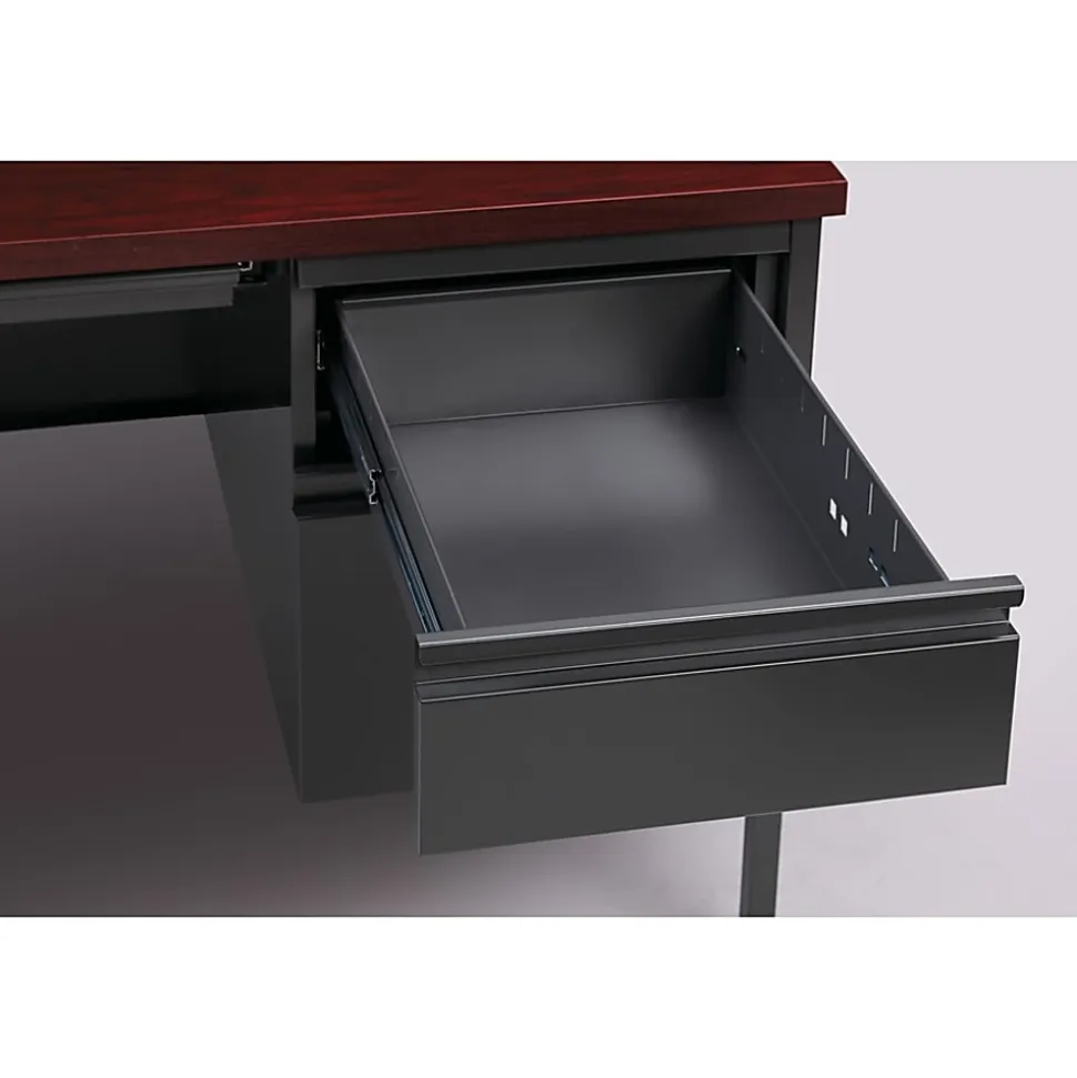 Lorell® Fortress Series Steel Right-Handed Pedestal Writing Desk, 66"W, Charcoal/Mahogany