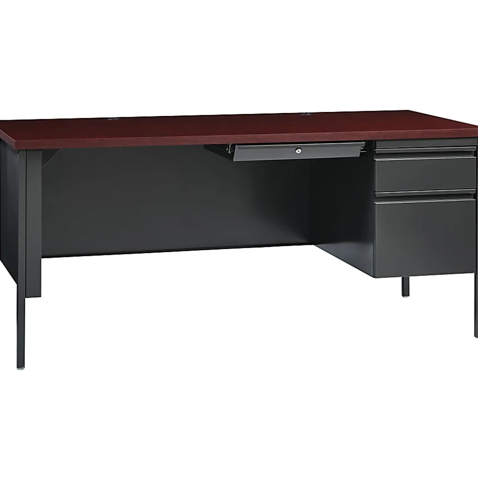 Lorell® Fortress Series Steel Right-Handed Pedestal Writing Desk, 66"W, Charcoal/Mahogany