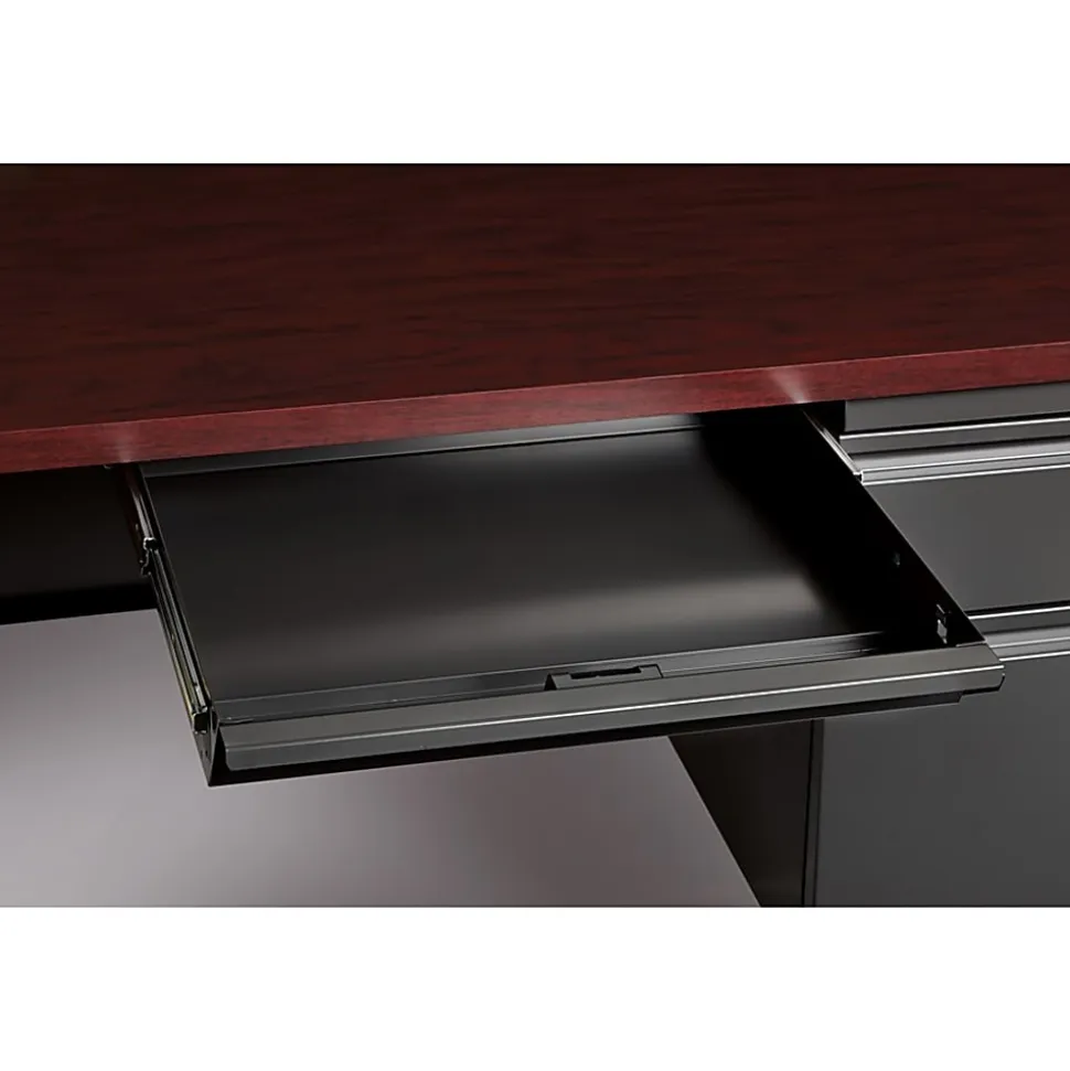 Lorell® Fortress Series Steel Right-Handed Pedestal Writing Desk, 66"W, Charcoal/Mahogany