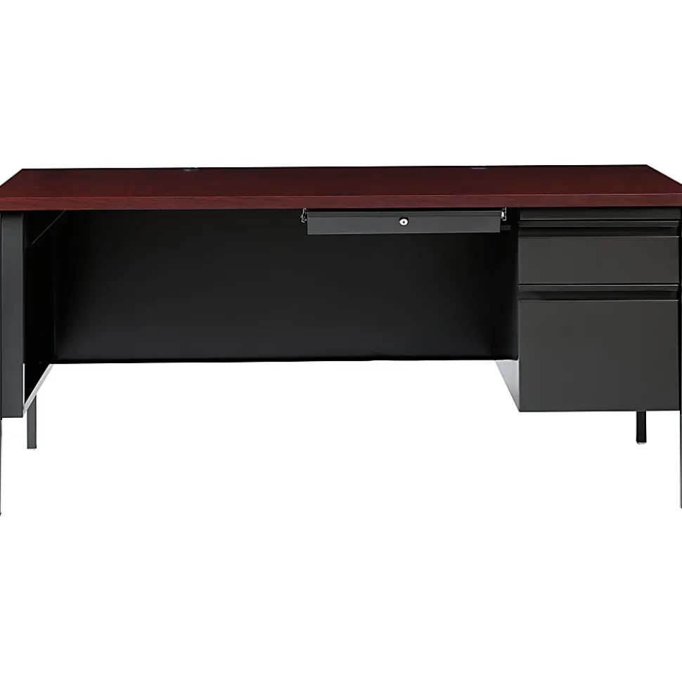 Lorell® Fortress Series Steel Right-Handed Pedestal Writing Desk, 66"W, Charcoal/Mahogany