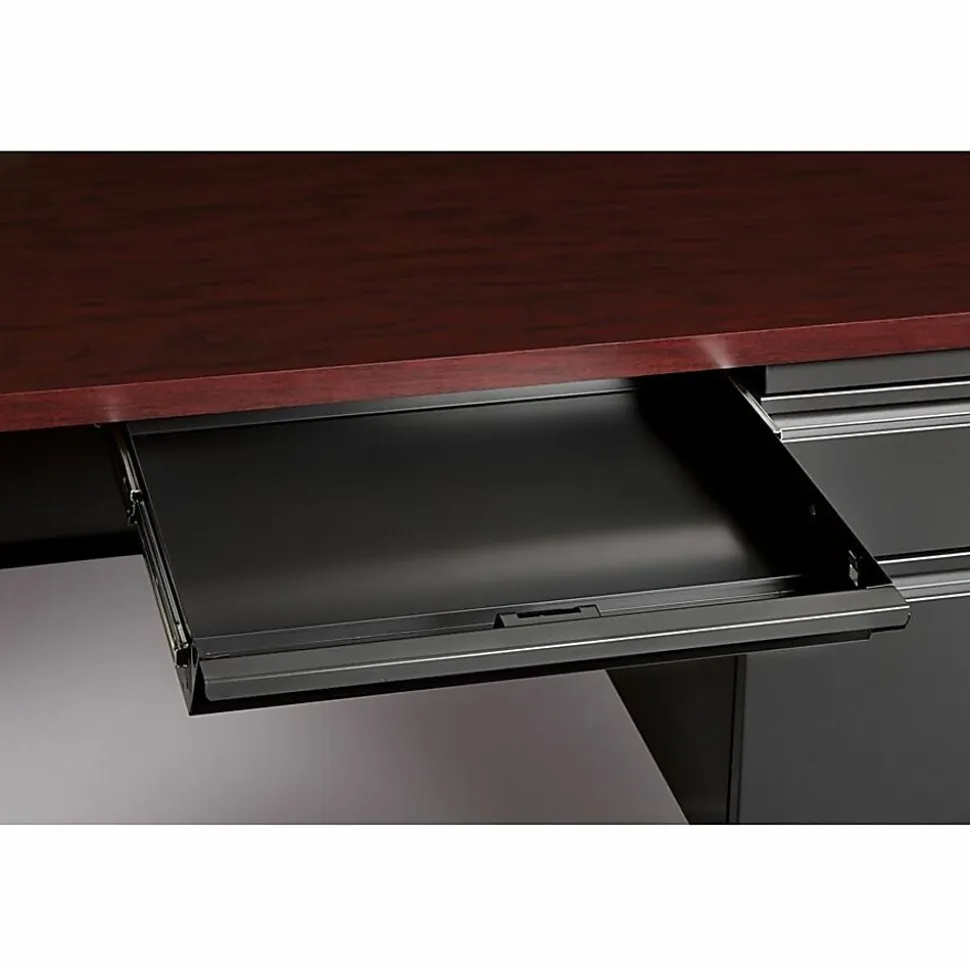 Lorell® Fortress Series Steel Right-Handed Pedestal Writing Desk, 66"W, Charcoal/Mahogany