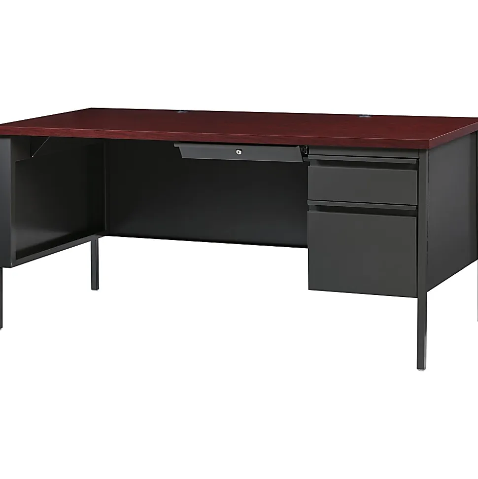 Lorell® Fortress Series Steel Right-Handed Pedestal Writing Desk, 66"W, Charcoal/Mahogany