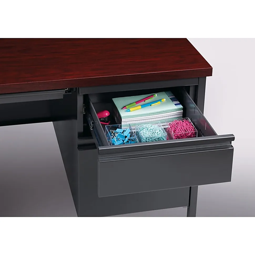 Lorell® Fortress Series Steel Right-Handed Pedestal Writing Desk, 66"W, Charcoal/Mahogany