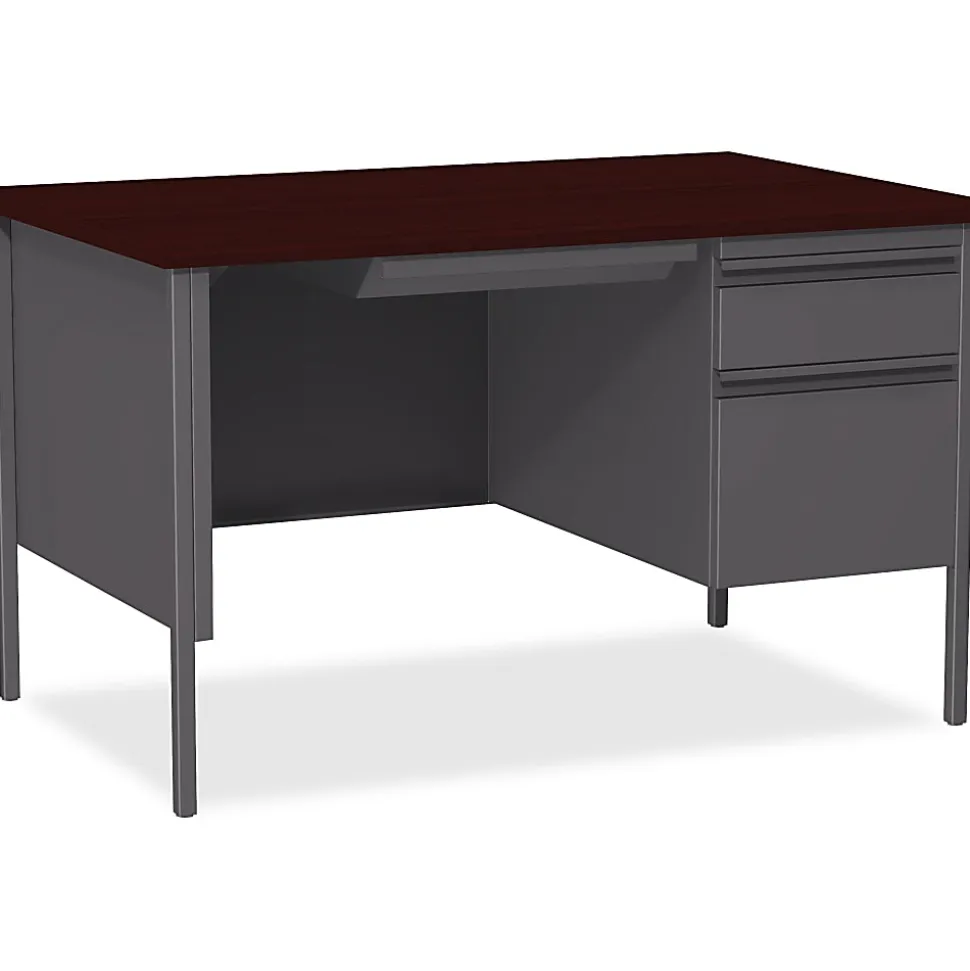 Lorell® Fortress Series 48"W Steel Pedestal Writing Desk, Right-Handed, Charcoal/Mahogany