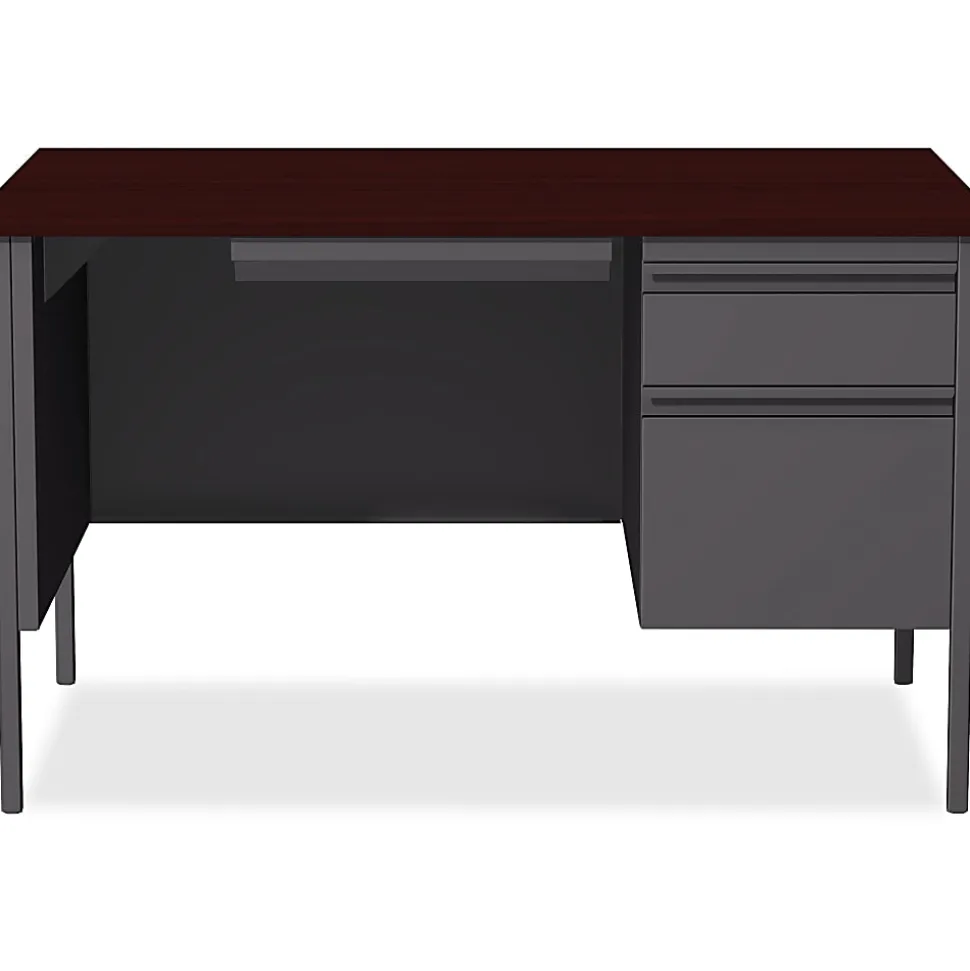 Lorell® Fortress Series 48"W Steel Pedestal Writing Desk, Right-Handed, Charcoal/Mahogany