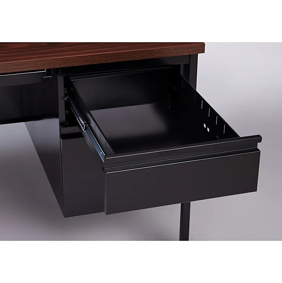 Lorell® Fortress Series 60"W Steel Double Pedestal Writing Desk, Black /Walnut