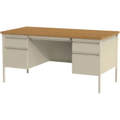 Lorell® Fortress Series 60"W Steel Double Pedestal Writing Desk, Putty/Oak
