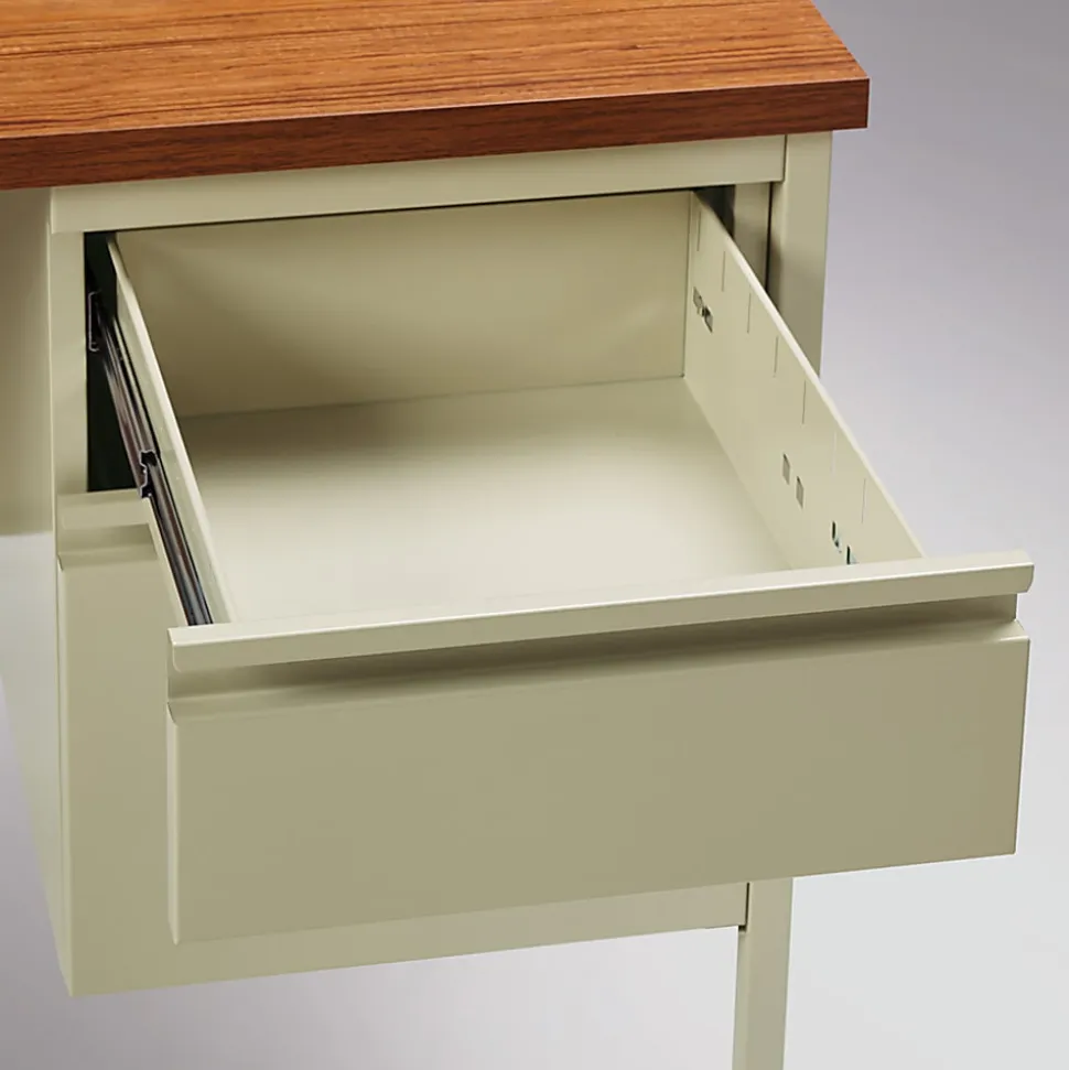 Lorell® Fortress Series 60"W Steel Double Pedestal Writing Desk, Putty/Oak