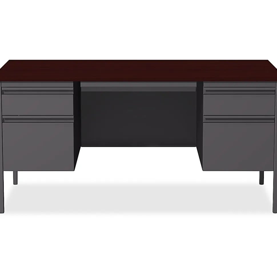 Lorell® Fortress Series 60"W Steel Double-Pedestal Writing Desk, Charcoal/Mahogany