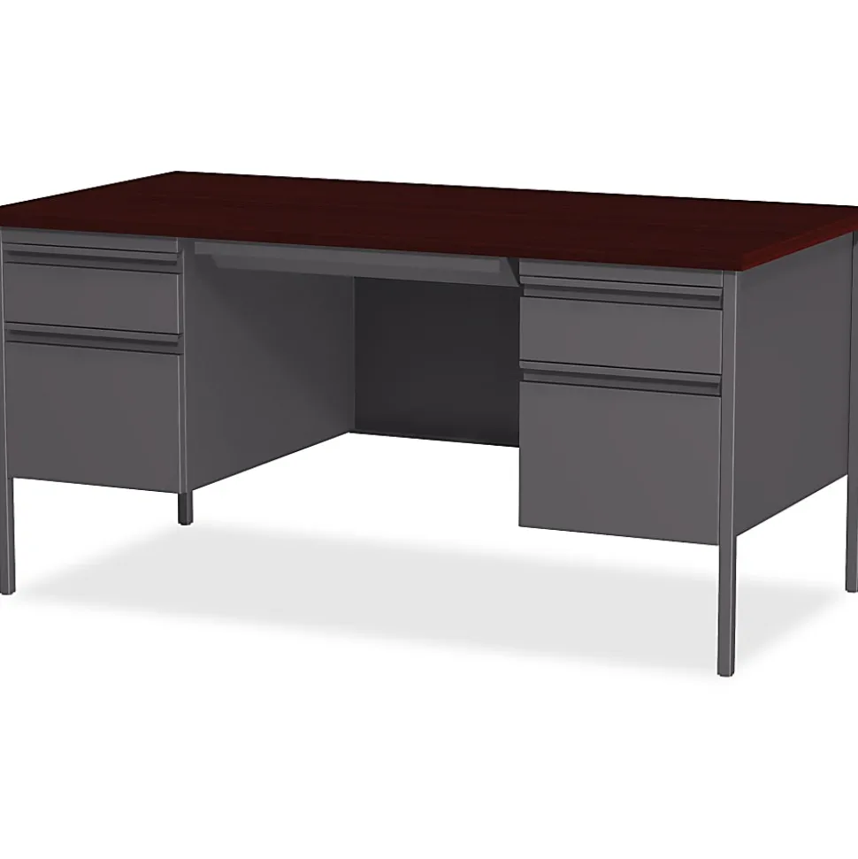Lorell® Fortress Series 60"W Steel Double-Pedestal Writing Desk, Charcoal/Mahogany